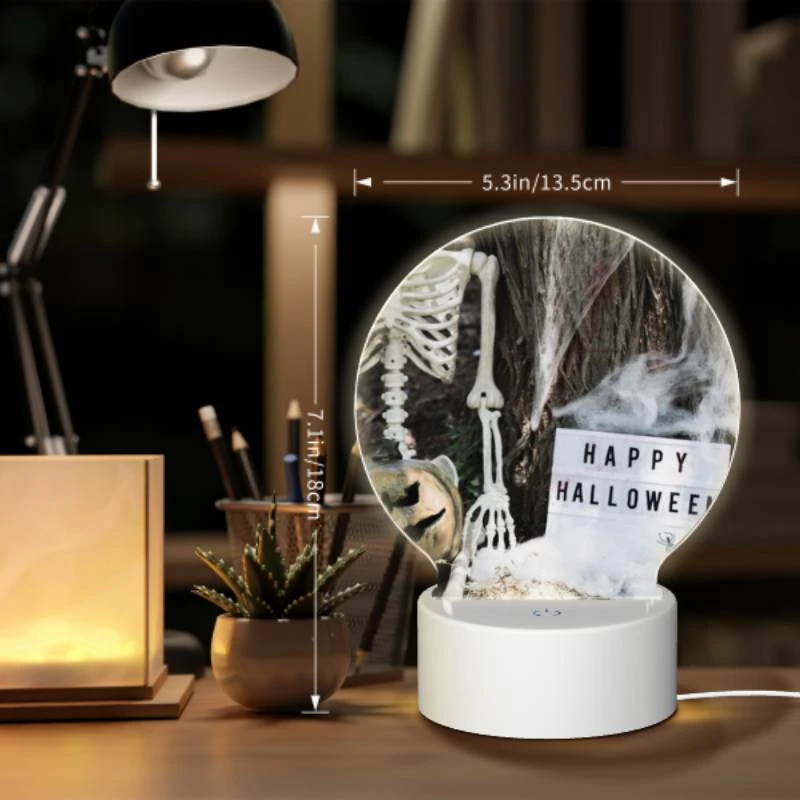 Round Acrylic Night Light, A skeleton and a pumpkin are placed next to a sign that reads "Happy Halloween." Round Acrylic Night Light, A Skeleton And A Pumpkin Are Placed Next To A Sign That Reads "Happy Halloween." -Acrylic Night Light Shop 2608b8b021a61cca64a7b9dc2c6f6aeb7d2001df