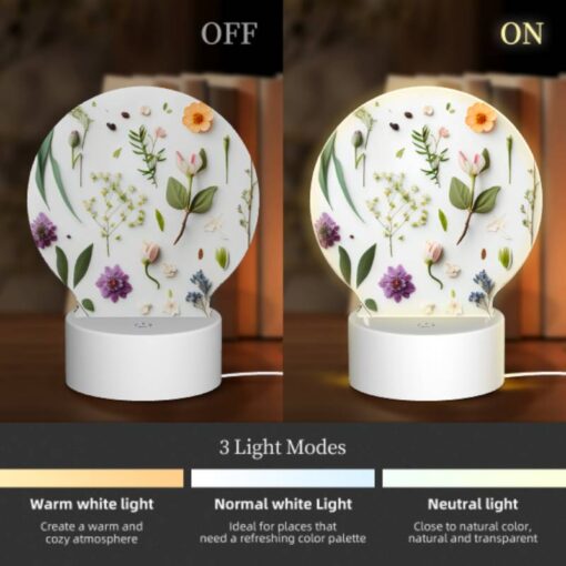 Round Acrylic Night Light, A Collection Of Flowers And Leaves On A White Background. -Acrylic Night Light Shop 27558ca3818980132945b1fc12a0502160d79417