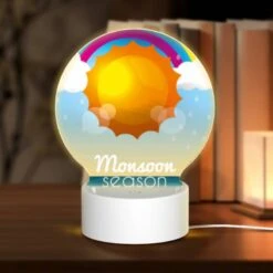 Round Acrylic Night Light, A Colorful Sunny Day With Rain Clouds In The Background.