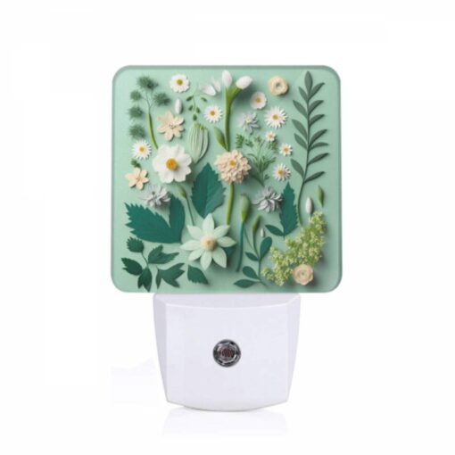 Night Light, A Collection Of Flowers And Leaves On A Green Background. -Acrylic Night Light Shop 279468401e302505b9958f08e84f3fff01218cdb