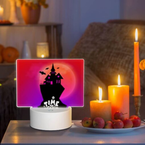Rectangular Acrylic Night Light, A Black And White Image Of A Haunted House With A Pink Roof And A Moon In The Background. -Acrylic Night Light Shop 279d7fffd97a03f537687e3f5fff5bd6b528b17d