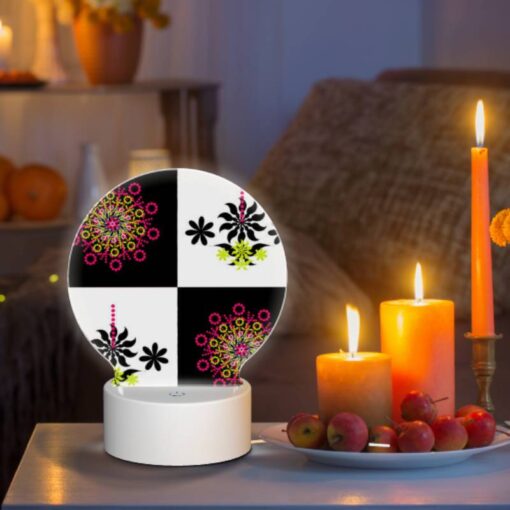 Round Acrylic Night Light, A Black And White Image Of A Flower With A Pink Center. -Acrylic Night Light Shop 2c10de71d5ee1c1509547b3bb6a3e42de0853d17