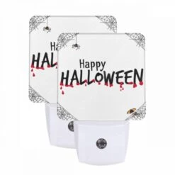 Night Light Set Of 2, A Spider Web With The Words "Happy Halloween" Written In Red.