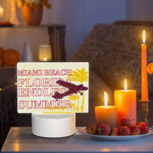 Rectangular Acrylic Night Light, A Plane Is Flying Over A Beach With The Words "Miami Beach Florida" Written On It. -Acrylic Night Light Shop 2d2a110736162eaf09a5e5a1238ca9de5fe4aa08