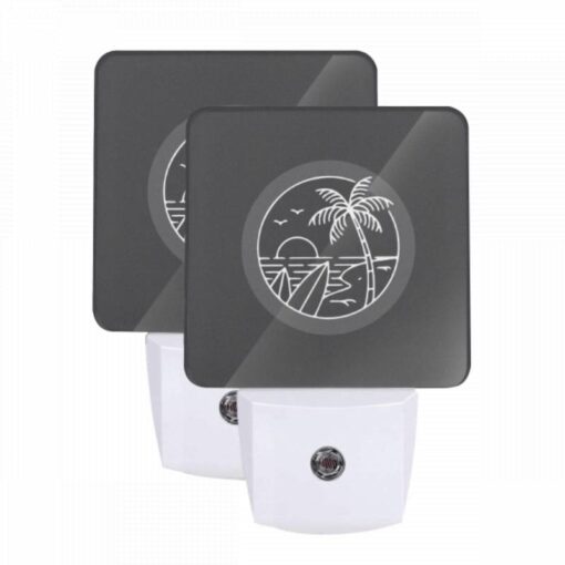 Night Light Set Of 2, A Black And White Image Of A Beach At Night With A Palm Tree And A Sunset. -Acrylic Night Light Shop 2f131bc6c6a0e9fe6d20a50e67a66ed9cfdcf6bf