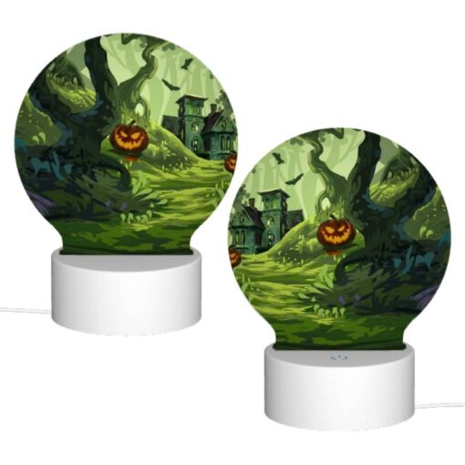 Round Acrylic Night Light, A Colorful Cartoon Scene Of A House With A Pumpkin On The Doorstep And A Tree With A Pumpkin On It. -Acrylic Night Light Shop 34aa3adda063572628d60800a3211186c90805b4
