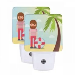 Night Light Set Of 2, A Man With A Beard And Mustache Is Standing On A Beach With A Frisbee.