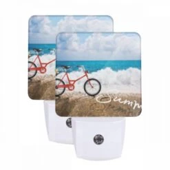Night Light Set Of 2, A Red Bicycle Is Parked On The Beach.