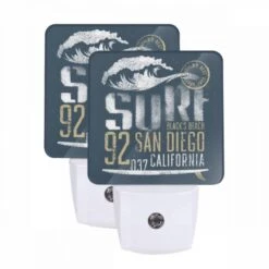 Night Light Set Of 2, A Surfboard With The Words "92 San Diego" Written On It.
