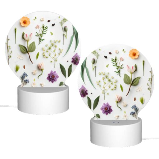 Round Acrylic Night Light, A Collection Of Flowers And Leaves On A White Background. -Acrylic Night Light Shop 35ecf1123801e9886df3878084f001c8f1404b30
