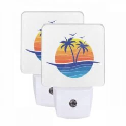 Night Light Set Of 2, A Blue And Orange Logo Of A Beach With Palm Trees.