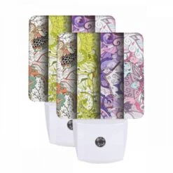 Night Light Set Of 2, Three Colorful Designs Of Flowers Are Displayed On A Wall.