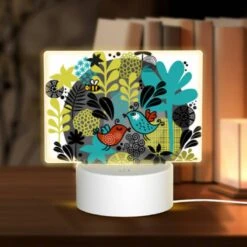 Rectangular Acrylic Night Light, A Colorful Illustration Of A Bird And A Bee Surrounded By Flowers.
