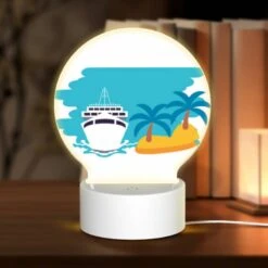 Round Acrylic Night Light, A Boat Is Sailing In The Ocean Next To A Palm Tree.