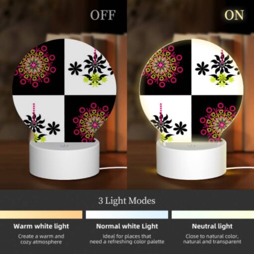 Round Acrylic Night Light, A Black And White Image Of A Flower With A Pink Center. -Acrylic Night Light Shop 39e1aefa269ab4c8f04b23bedc91d1b31155029b