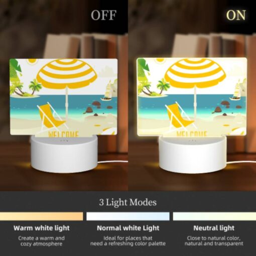 Rectangular Acrylic Night Light, A Yellow And White Umbrella Is Set Up On A Beach -Acrylic Night Light Shop 3a1741c9e916230fc55d97f0b125ae9df52c8a39