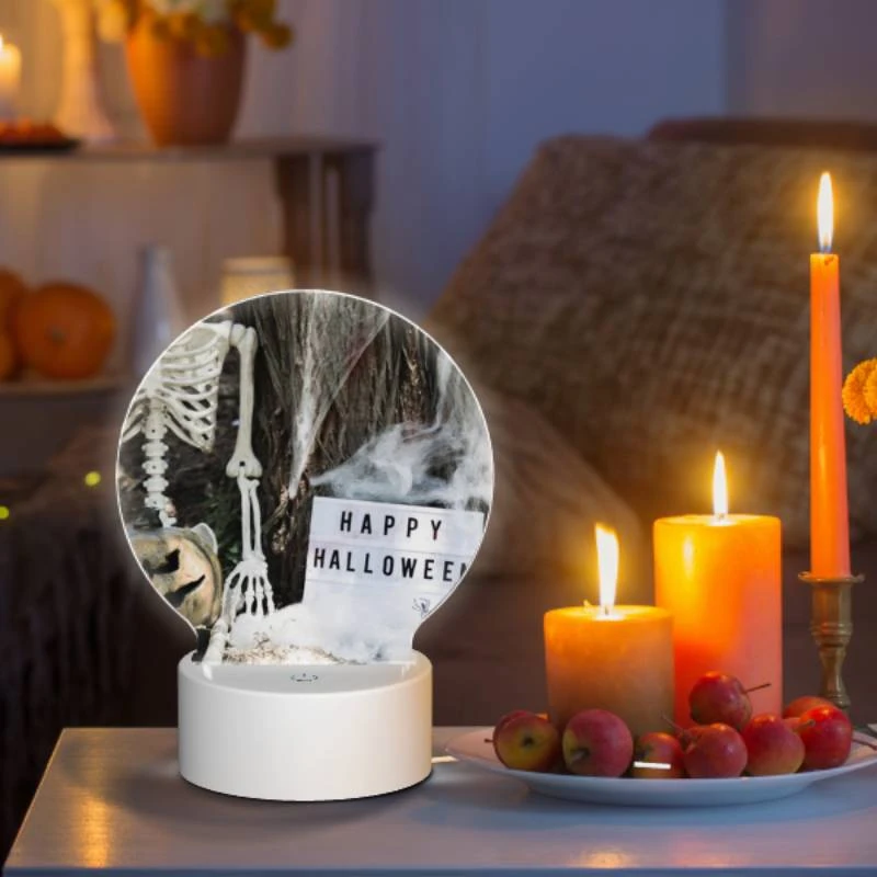 Round Acrylic Night Light, A skeleton and a pumpkin are placed next to a sign that reads "Happy Halloween." Round Acrylic Night Light, A Skeleton And A Pumpkin Are Placed Next To A Sign That Reads "Happy Halloween." -Acrylic Night Light Shop 3a57e54ef0fddb32063b86e23fcc141c5ae1e5aa
