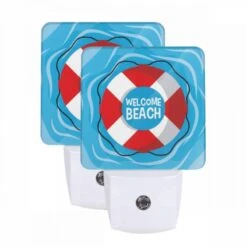 Night Light Set Of 2, A Red And White Lifeboat With The Words "Welcome Beach" Written On It.