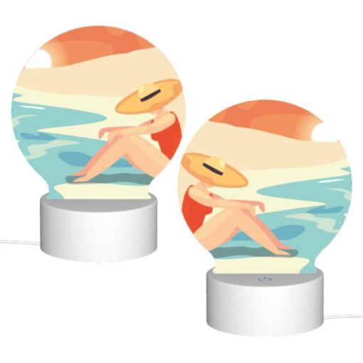 Round Acrylic Night Light, A Woman Wearing A Hat Sits On The Beach. -Acrylic Night Light Shop 3c7fe24c0fa5be4483eb71860dbde86b283b403f