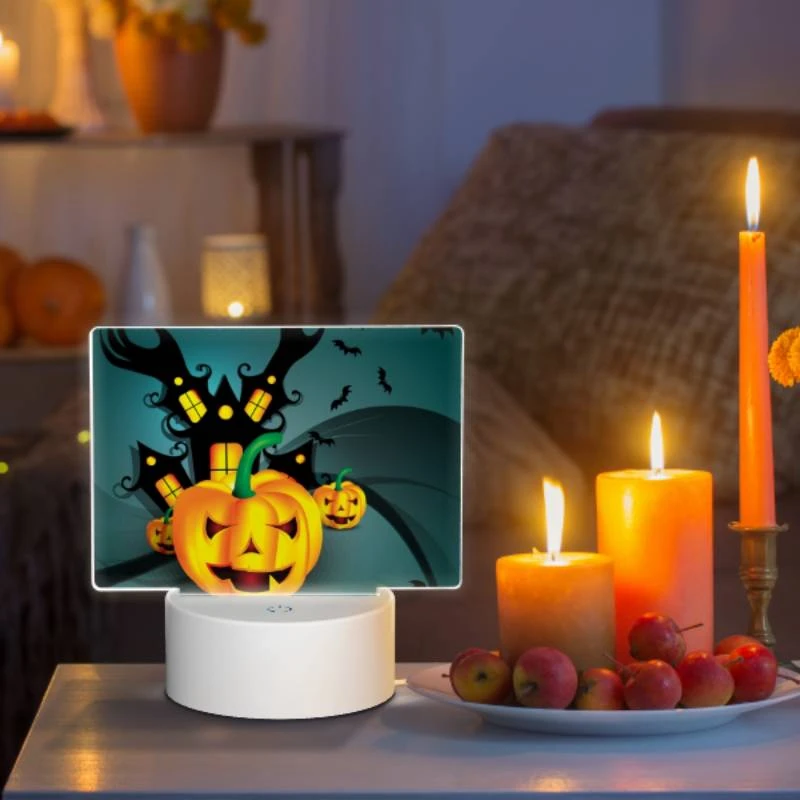 Rectangular Acrylic Night Light, A pumpkin with a face on it is shown in front of a haunted house. Rectangular Acrylic Night Light, A Pumpkin With A Face On It Is Shown In Front Of A Haunted House. -Acrylic Night Light Shop 3cde1e8fe46490779464a43e6a7fa1ef0112a465