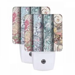 Night Light Set Of 2, Three Colorful Designs Of A Dragon On A Wall.