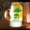 Love Acrylic Night Light, A Woman Is Holding A Surfboard In Front Of A Tropical Beach.