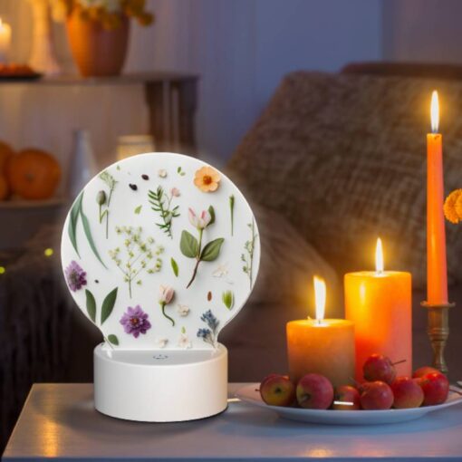 Round Acrylic Night Light, A Collection Of Flowers And Leaves On A White Background. -Acrylic Night Light Shop 418c378c1ea4d949abcd24e01e0a21ea31158e75