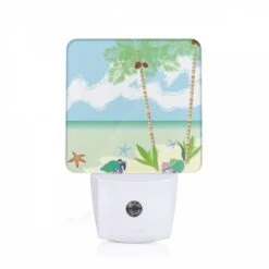 Night Light, A Painting Of A Beach With Palm Trees And A Crab.