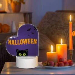 Love Acrylic Night Light, A Black Cat With Green Eyes Is Sitting In Front Of A Purple Background With Bats Flying Around. -Acrylic Night Light Shop 44700979ea05bfbf301070721e0bf41656a15864