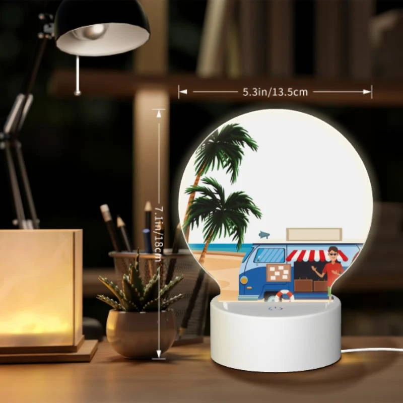 Round Acrylic Night Light, A man stands in front of a food truck on a beach. Round Acrylic Night Light, A Man Stands In Front Of A Food Truck On A Beach. -Acrylic Night Light Shop 458459f92b2c0056a371be06a8c4ff4898cc51b9