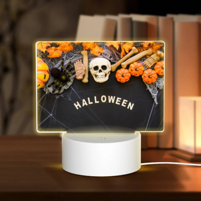 Rectangular Acrylic Night Light, A Halloween sign with skeletons and pumpkins on it. Rectangular Acrylic Night Light, A Halloween Sign With Skeletons And Pumpkins On It. -Acrylic Night Light Shop 46a996553714b0feab9cafadaff9d3609c038e96