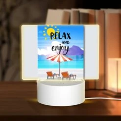 Rectangular Acrylic Night Light, A Colorful Beach Scene With A Sun Umbrella And Two Chairs.
