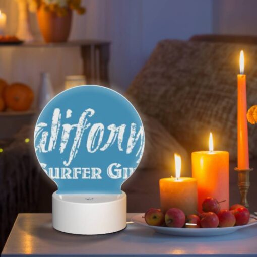Round Acrylic Night Light, A Blue Sign That Says "California Surfer Girls.". -Acrylic Night Light Shop 4b93ead2c13aecf79910215a357d9b392ba80412