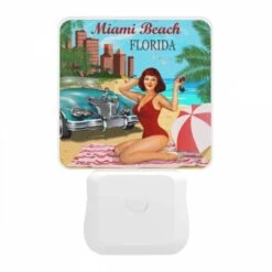 Night Light, A Woman In A Red Bathing Suit Sits On A Towel In Front Of A Vintage Car. -Acrylic Night Light Shop 4d0628585178893e8fb3fc502022f4acc863f53e