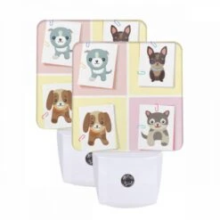 Night Light Set Of 2, Four Different Colored Dog Pictures Are On A Yellow Background.