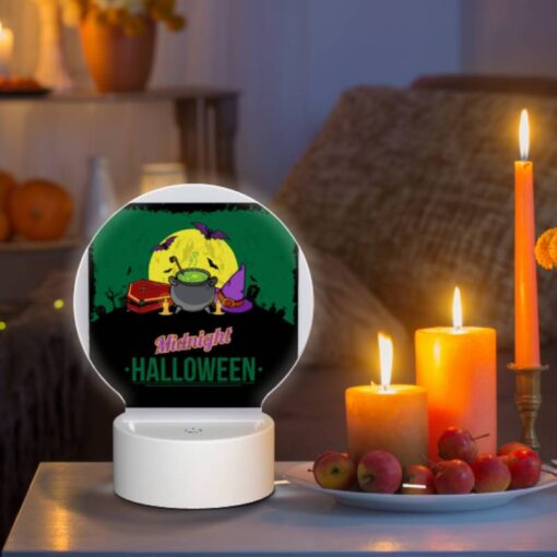 Round Acrylic Night Light, A Poster With A Witches Hat And A Cauldron With A Green Background. -Acrylic Night Light Shop 4e472cacf20969839fadf3404dbc15036b2c4cfd