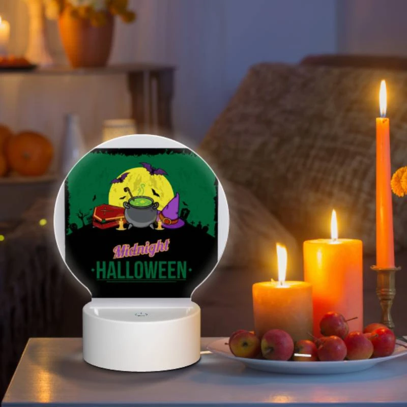 Round Acrylic Night Light, A poster with a witches hat and a cauldron with a green background. Round Acrylic Night Light, A Poster With A Witches Hat And A Cauldron With A Green Background. -Acrylic Night Light Shop 4e472cacf20969839fadf3404dbc15036b2c4cfd