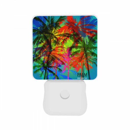 Night Light Set Of 2, A Colorful Image Of Palm Trees With A Logo That Reads "Palm Beach." -Acrylic Night Light Shop 4eb10659f8af282afb84c7a1254d9fcc00be13c9