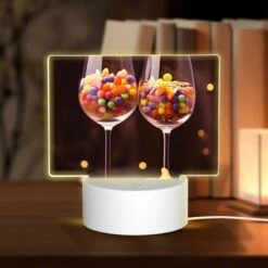 Rectangular Acrylic Night Light, Two Wine Glasses Filled With Candy And A Pumpkin.