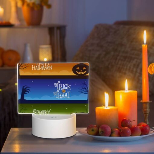 Rectangular Acrylic Night Light, A Colorful Halloween Banner With The Words "Happy Halloween" And "Trick Or Treat" Written On It. -Acrylic Night Light Shop 525664fc3c5bf400147abb3b64590948c2326a1e