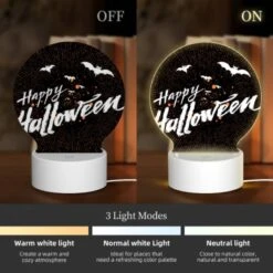 Round Acrylic Night Light, A Black And White Image Of Bats And The Words "Happy Halloween" Written In Orange. 2 Round Acrylic Night Light, A Black And White Image Of Bats And The Words "Happy Halloween" Written In Orange. -Acrylic Night Light Shop 53d53e9d5fcdf71bb64fcb345e683661fa6a2213