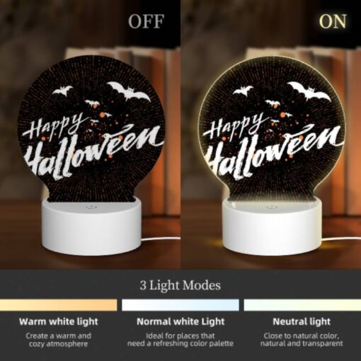 Round Acrylic Night Light, A Black And White Image Of Bats And The Words "Happy Halloween" Written In Orange. -Acrylic Night Light Shop 53d53e9d5fcdf71bb64fcb345e683661fa6a2213