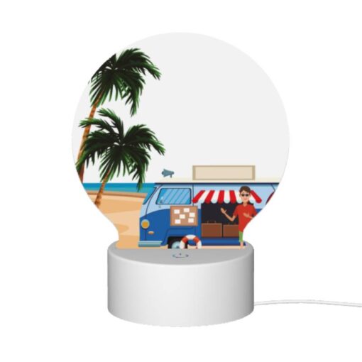 Round Acrylic Night Light, A Man Stands In Front Of A Food Truck On A Beach. -Acrylic Night Light Shop 55c0d67998247d5302e2f330981bb7e754352156