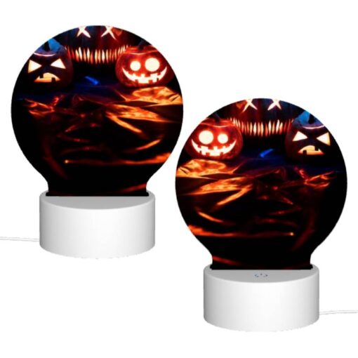 Round Acrylic Night Light, Three Pumpkins With Faces Carved Into Them Are Sitting On A Table. -Acrylic Night Light Shop 5a5e88ad589174015a657758162ad3603c1cd12d