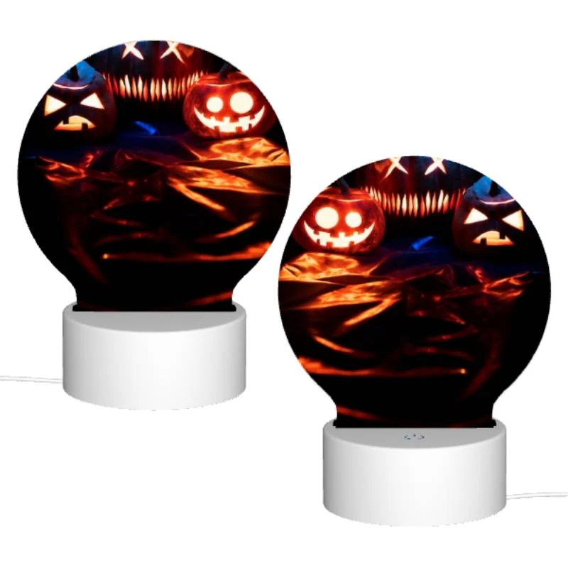Round Acrylic Night Light, Three pumpkins with faces carved into them are sitting on a table. Round Acrylic Night Light, Three Pumpkins With Faces Carved Into Them Are Sitting On A Table. -Acrylic Night Light Shop 5a5e88ad589174015a657758162ad3603c1cd12d