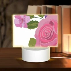 Rectangular Acrylic Night Light, A Pink Rose With A Yellow Center And Purple Petals.