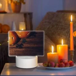 Rectangular Acrylic Night Light, A Wooden Table With A Pumpkin On It. -Acrylic Night Light Shop 5c52695631eb680a65f8bd75189fe39a19479284