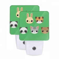 Night Light Set Of 2, Five Different Animal Heads Are Shown On A Green Background.