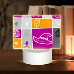 Rectangular Acrylic Night Light, A Collection Of Halloween Images On A Pink Background.