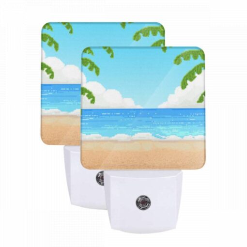 Night Light Set Of 2, A Cartoon Beach Scene With A Blue Ocean And Palm Trees. -Acrylic Night Light Shop 61e91191e93e2baf33a0340ef7292f71edde5f51